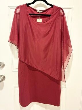 SeSe Code Red Asymmetric Mesh Cape Overlay Sleeveless Pencil Dress -Large